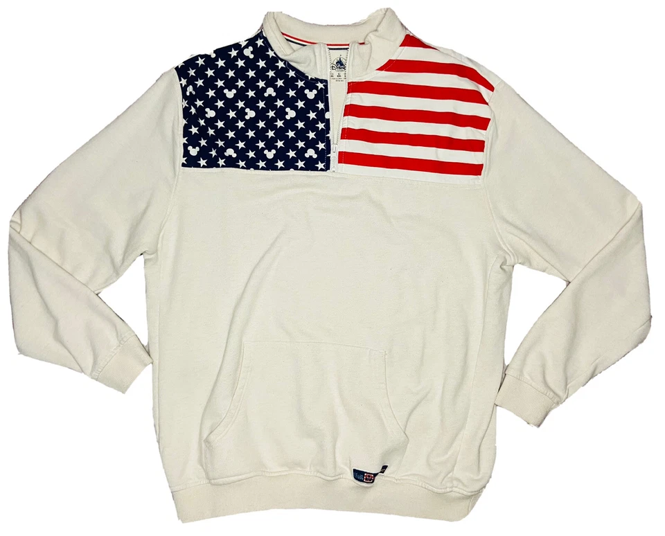 Suéter de Mickey Mouse con 1/4 cremallera bandera americana rojo/blanco/azul de los parques Disney para hombre; XL Foto 1 de 4