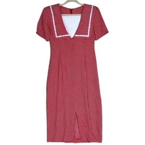 Vtg ejm Petites Women's Dress Sz 4P 80s Sailor Collar Red Polka Dot Midi - Bild 1 von 12