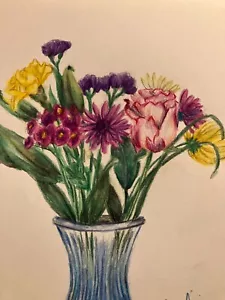 orignal colored pencil drawing flowers in vase. rose - Picture 1 of 4