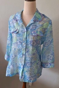 Vintage Korean Ladies XS S Top Shirt Blouse Button Designer 3D Floral Blue Green - Picture 1 of 24