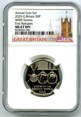2025 GREAT BRITAIN 50P UNC NGC MS67 DPL WORLD WAR II WWII STORIES FIRST RELEASES - Image 1 of 2