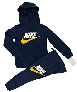 NIKE Boys Size 4 Club Fleece Sweat Outfit Hoodie Jogger Navy Blue Yellow NWT - Picture 1 of 5
