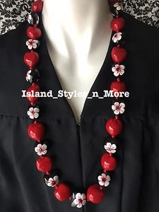 Hawaii Wedding SOLID Red Hibiscus WHITE Kukui Nut Lei Graduation Luau Necklace - Picture 1 of 2