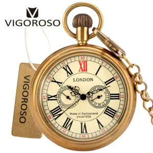 Reloj Bolsillo Cara Abierta con Cadena Retro Hombre Clásico Dorado Mecánico Lujo Regalo - Imagen 1 de 14