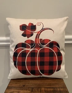 Fall Autumn Throw Pillow 18x18” Farmhouse Black Red Check Plaid Pumpkin READY - Picture 1 of 4