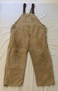 VTG Carhartt Tan Double Knee Duck Riveted Unlined Overalls USA 46 X 28 - Picture 1 of 24