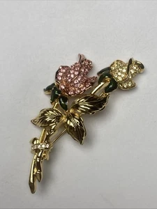 Nolan Miller Rose Bouquet Brooch Enamel Pink Crystal Rhinestone Flower Pin w Box - Picture 1 of 8