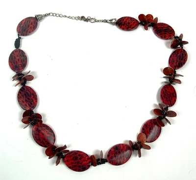 Modeschmuck Halskette rote Tigermuster Perlen Gesamtlänge ca. 65 cm - Bild 1 von 2