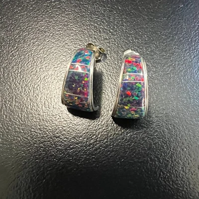 Серебро женщин опал инкрустация серьги-кольца ремесленник юго-запад богемное надпись мы - Изображение 1 из 4