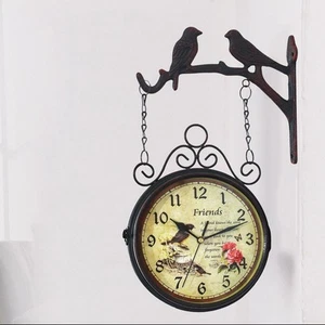 Wrought Iron Double-Side Two Faces Round Wall Hanging Clock Train Decor - Picture 1 of 7