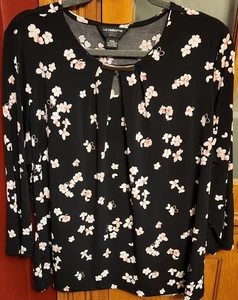 Liz Claiborne Womens Top Petite Black Floral Keyhole Career Blouse - PXXL - Picture 1 of 3