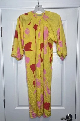 Vestido midi Tucker para mujer mezcla de seda botones manga 3/4 amarillo floral grande - Leer Foto 1 de 4