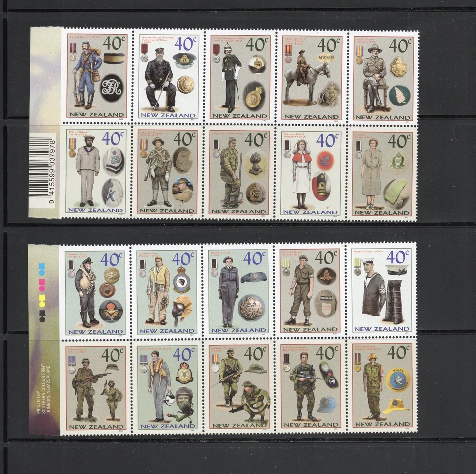 S5991 Nova Zelândia 2003 Uniformes militares BLOCOS DE ERRO DE PERFURAÇÃO SEM MARCA DE CHARNEIRA - Imagem 1 de 1