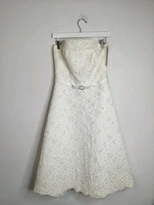 Galina Tea Length Strapless Wedding Dress Ivory T9143 Lace Beading Sequins Sz 6 - Image 1 of 4