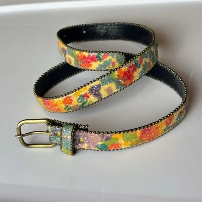 Vintage 70s Floral Leather Belt Resin Glitter Brass Beaded Trim Small 31” Fairy - Image 1 of 4