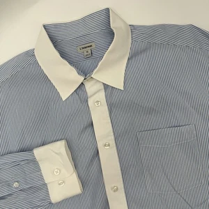J. Peterman Mens Size XL Blue White Stripe Contrast Collar Button Up Shirt - Picture 1 of 6