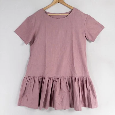 Le Muse Dress Sz Large Purple Shift Ruffle Hem Pockets Linen Mini Short Sleeve - Image 1 of 4
