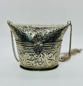 Vintage Metall Silber Ton Sterling Kissen Gravur Floral Kette Handtasche - Bild 1 von 6