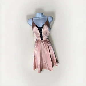 Baby Pink Satin Plunging Black Lace Neckline Dress Mini Short Whimsey Goth Fairy - Picture 1 of 14