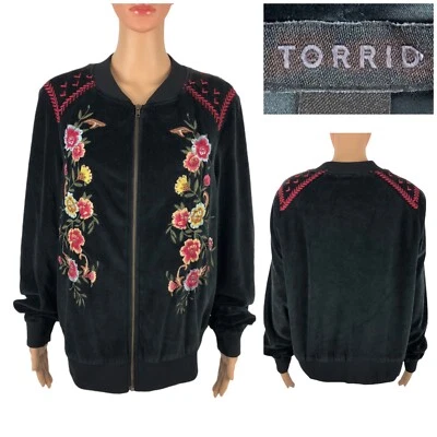 Torrid Womens 1 Bomber Jacket Embroidered Boho Black Full Zip Velour Sporty EUC - Image 1 of 4