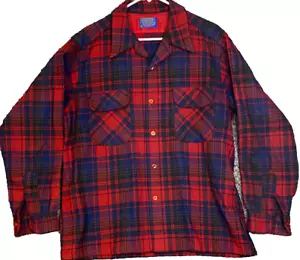 Pendleton Plaid Virgin Wool LS Flannel Jacket Men’s Large Red/Blue Scout Camp - Picture 1 of 4