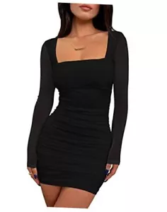 Women's Sexy Ruched Bodycon Mini Dress Mesh Long Sleeve Club Party Large Black - Picture 1 of 7