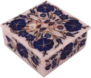 4"x4"x2" White Jewelry Organizer Box Lapis Marquetry Flower Art Christmas Gift - Picture 1 of 4