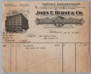 1913 John E. Hurst & Co Dry Goods Antique Illustrated Billhead Invoice Baltimore - Picture 1 of 2