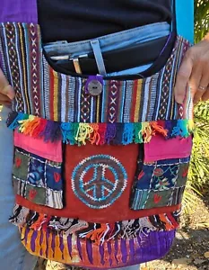 RISING INTERNATIONAL NEPAL Handmade HOBO BAG Fringe & Peace POCKETS on FRONT - Picture 1 of 10