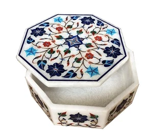 5"x5"x2" Elegant White Marble Woman's Gift Jewelry Box Semi Precious Inlay Decor - Picture 1 of 8