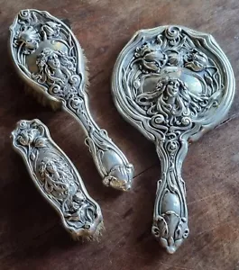 Lovely figural antique silver plated art nouveau set hand mirror brushes - Picture 1 of 3