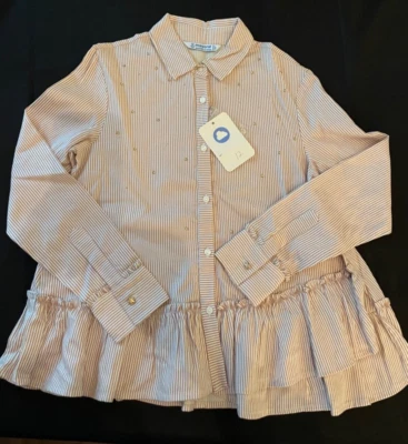 MAYORAL  L/S Dusty Pink/White Shimmer Stripe Peplum Blouse NWT Girls 10 - Image 1 of 2