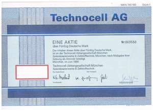 Technocell AG  Konvolut Inhaber-Aktien 50 DM , 1.000 DM  mit Coupons ! - Bild 1 von 4