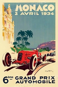 1934 Monaco Grand Prix Vintage Style Red Race Car Poster - 24x36 - Picture 1 of 3