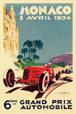1934 Monaco Grand Prix Vintage Style Red Race Car Poster - 24x36