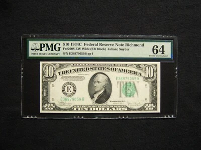 $10 Federal Reserve Note Series 1934C (Wide) FR2008-Ew Richmond EB Block - Image 1 of 2