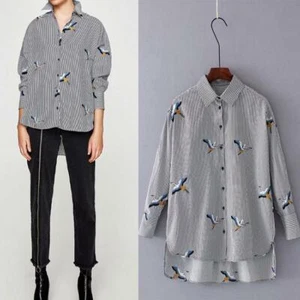 Pinstripe Blouse with Embroidered Geese Loose Fit Geese Shirt - Picture 1 of 6