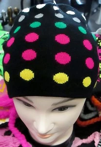 NEW Womens Mens Unisex  Multi Coloured Spots Black Beanie Hat Winter Christmas - Picture 1 of 1