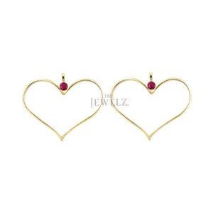 14K Gold 0.08 CT Ruby Long Heart Hook Earrings Valentine's Day Gift - Picture 1 of 3