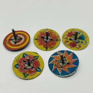 5x Cracker Jack Spinner Tops anni '30 metallo Giappone retrò mini giocattolo di latta vintage - Foto 1 di 3