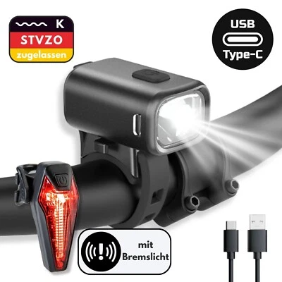 Fahrradlicht Set StVZO LED USB C Beleuchtung Akku Scheinwerfer Rücklicht - Bild 1 von 4