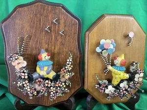 2 Vintage 1975 Pol-O-Craft Nail Art Ruth Dan Hite CLOWNS Wood Plaque Folk - Picture 1 of 15