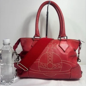 Vivienne Westwood Leather 2way Shoulder Bag Handbag Red w/ Embroidery Orb - Picture 1 of 14