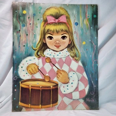 Arte Kitsch Big Eye de 1970 rubio baterista niña MCM decoración firmado Sherle 16x20 Foto 1 de 4