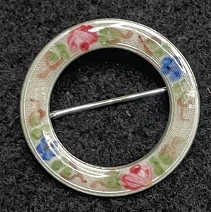 Vintage Lamoof handbemalte runde Anstecknadel Brosche Blumen Emaille & Sterling - Bild 1 von 7