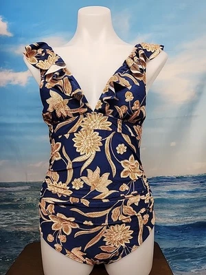 Nuevo con etiquetas Traje de baño Cupshe de una pieza mediano color azul marrón rosa floral con volantes  Foto 1 de 4