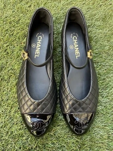 ZAPATOS PLANOS CHANEL CC LOGO CUERO NEGRO MARYJANE BALLET HEBILLA DORADA ACOLCHADOS 39.5 - Imagen 1 de 19