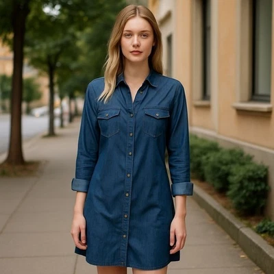 Sacred Threads Denim Shirt Dress Womens OS One Size Button Down Casual - Image 1 of 4