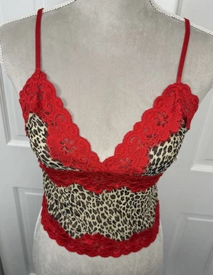Y2K Rampage Babydoll Top Leopard Print Large Mesh Red Lace Sheer Camisole - Image 1 of 4