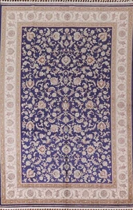 Tappeto tradizionale floreale Tebriz blu/avorio zona 6x10 piedi Tappeto soggiorno seta - Foto 1 di 12